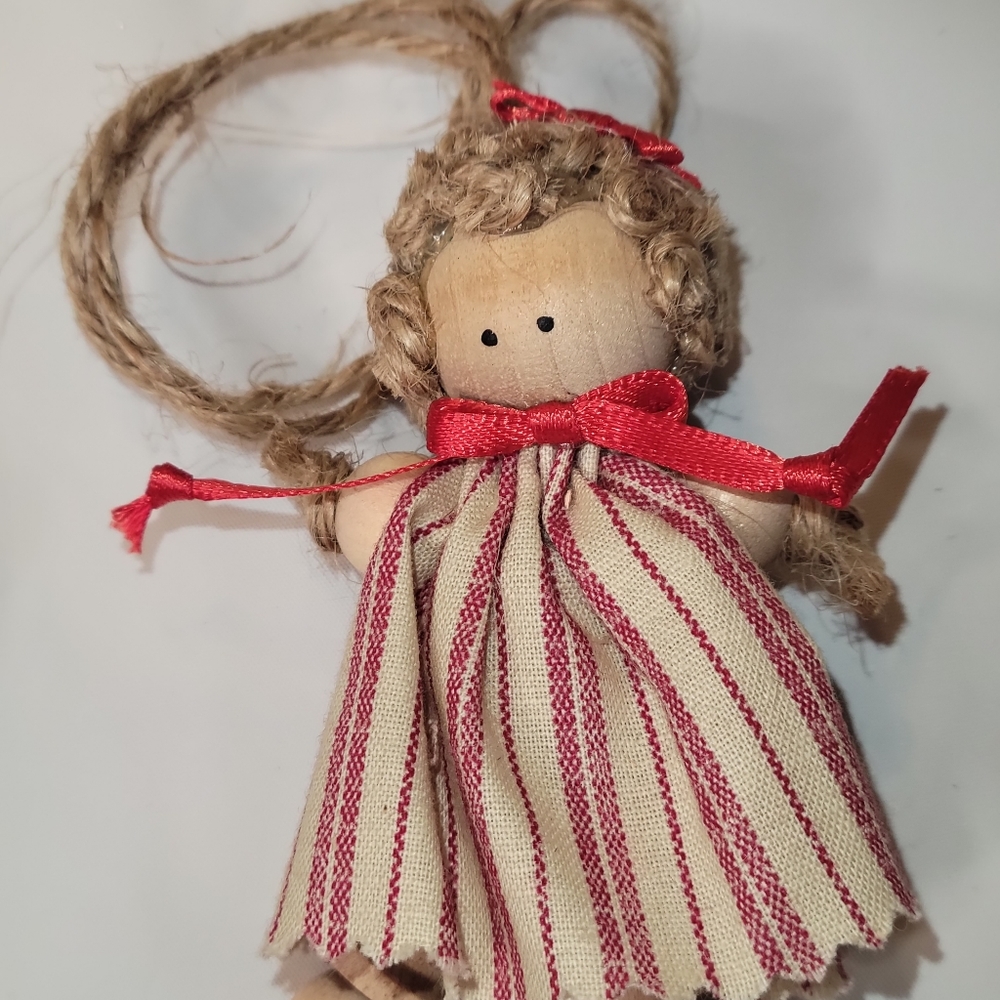 Vintage Christmas Wooden  Doll Ornament